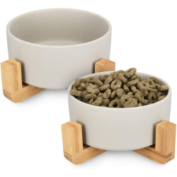 Navaris Ceramic Elevated Cat Bowls - Σετ με 2 Μπολ Φαγητού και Νερού με Βάση από Μπαμπού για Κατοικίδια - 850ml - Grey / Brown (48350.22)