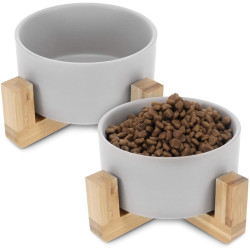 Navaris Ceramic Elevated Cat Bowls - Σετ με 2 Μπολ Φαγητού και Νερού με Βάση από Μπαμπού για Κατοικίδια - 550 ml - Grey / Brown (48350.1.22)