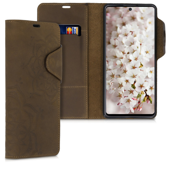 Kalibri Δερμάτινη Suede Θήκη - Πορτοφόλι Samsung Galaxy A71 - Flower Twins - Brown (51779.01)