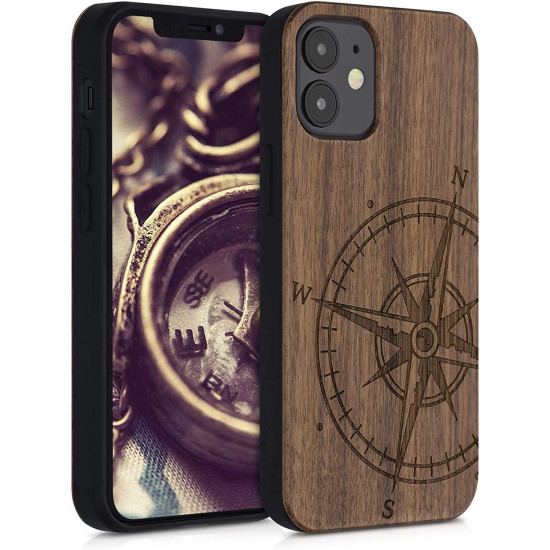 KWmobile Σκληρή Ξύλινη Θήκη με TPU Bumper Apple iPhone 12 mini - Navigational Compass / Dark Brown (52733.01)