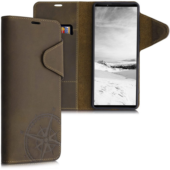 Kalibri Δερμάτινη Suede Θήκη Πορτοφόλι Sony Xperia 1 III - Navigational Compass / Brown (54851.01)