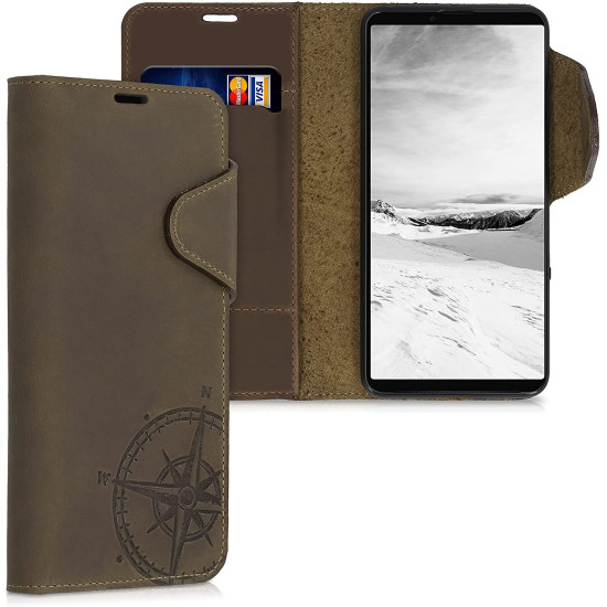 Kalibri Δερμάτινη Suede Θήκη Πορτοφόλι Sony Xperia 10 III - Navigational Compass / Brown (55748.01)