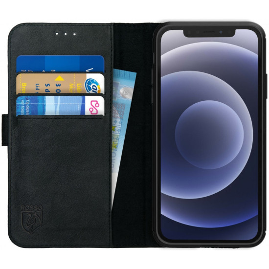 Rosso Deluxe Δερμάτινη Θήκη Πορτοφόλι Apple iPhone 12 / 12 Pro - Black (8719246258312)
