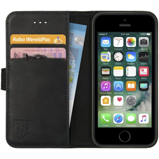 Rosso Deluxe Δερμάτινη Θήκη Πορτοφόλι Apple iPhone SE / 5S / 5 - Black (8719246113291)