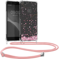 KWmobile Διάφανη Θήκη Σιλικόνης με Λουράκι Λαιμού - Huawei P10 Lite - Cherry Blossoms / Cherry Petals / Pink / Dark Brown / Transparent (50117.04)