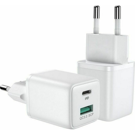 Joyroom Mini Dual Ports Fast Network Charger - Ταχυφορτιστής Ταξιδιού / Αντάπτορας Με 1 x USB-A / 1 x Type-C - QC3.0 / 30W - White (L-QP303)