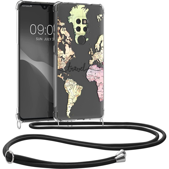 KWmobile Διάφανη Θήκη Σιλικόνης με Λουράκι Λαιμού - Huawei Mate 20 - Travel / Black / Multicolor / Transparent (59007.02)