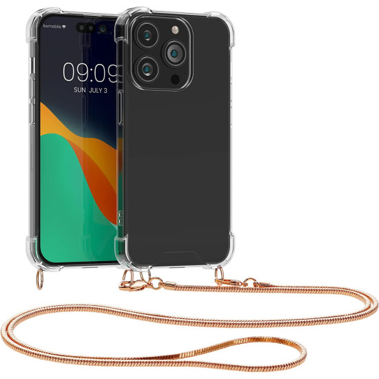 KWmobile Διάφανη Θήκη Σιλικόνης με Μεταλλικό Λουράκι Λαιμού Apple iPhone 14 Pro - Transparent / Rose Gold (59104.81)