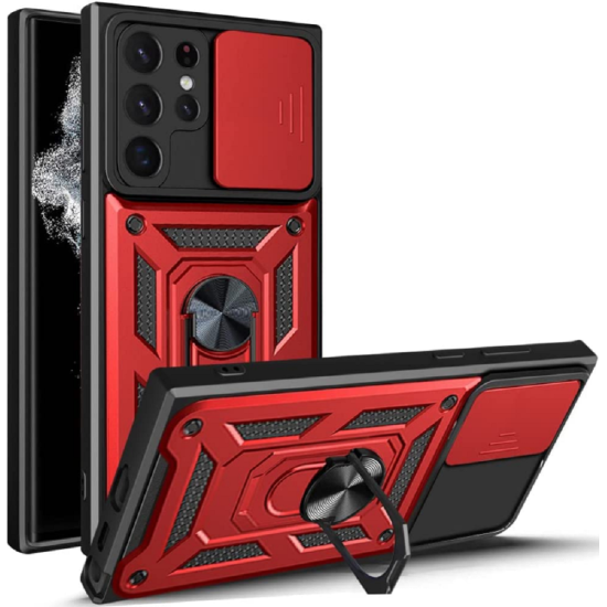 Bodycell Armor Slide - Ανθεκτική Θήκη Samsung Galaxy S22 Ultra 5G με Κάλυμμα για την Κάμερα & Μεταλλικό Ring Holder - Red (5206015014499)