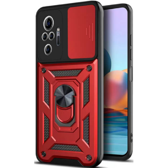 Bodycell Armor Slide - Ανθεκτική Θήκη Xiaomi Redmi Note 10 Pro με Κάλυμμα για την Κάμερα & Μεταλλικό Ring Holder - Red (5206015003929)