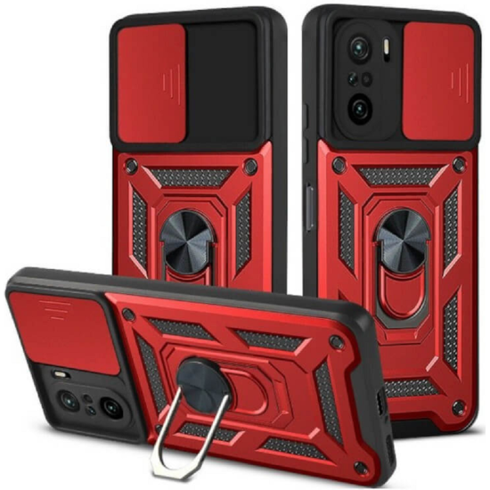 Bodycell Armor Slide - Ανθεκτική Θήκη Xiaomi Poco F3 με Κάλυμμα για την Κάμερα & Μεταλλικό Ring Holder - Red (5206015012051)
