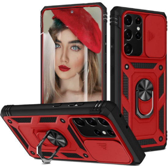 Bodycell Armor Slide - Ανθεκτική Θήκη Samsung Galaxy S21 Ultra 5G με Κάλυμμα για την Κάμερα & Μεταλλικό Ring Holder - Red (5206015013119)