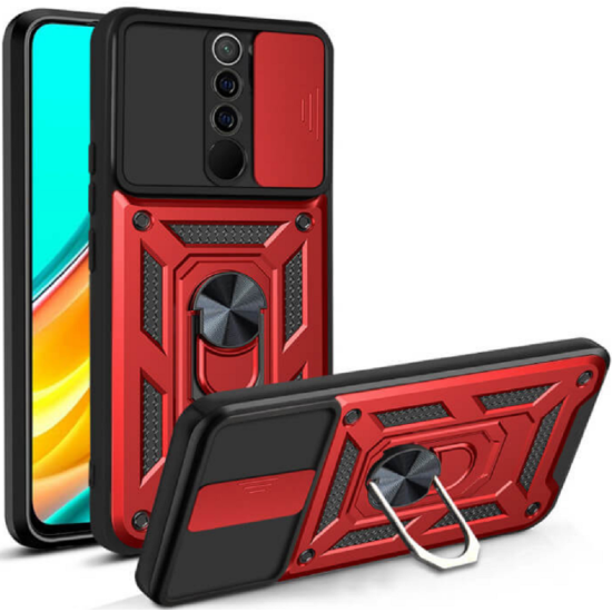 Bodycell Armor Slide - Ανθεκτική Θήκη Xiaomi Redmi 9 με Κάλυμμα για την Κάμερα & Μεταλλικό Ring Holder - Red (5206015012556)