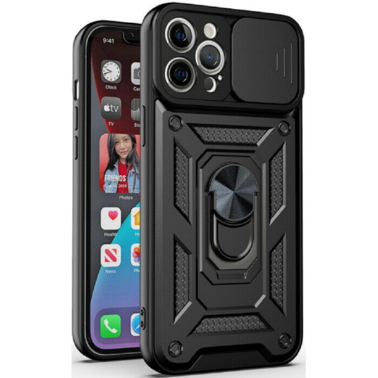 Bodycell Armor Slide - Ανθεκτική Θήκη Apple iPhone 13 Pro με Κάλυμμα για την Κάμερα & Μεταλλικό Ring Holder - Black (5206015003455)