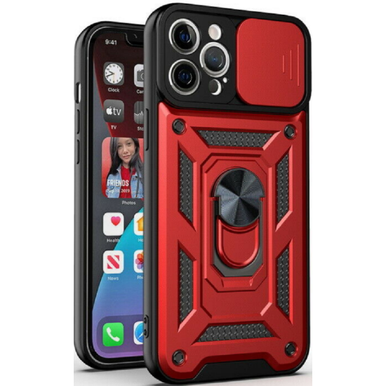 Bodycell Armor Slide - Ανθεκτική Θήκη Apple iPhone 13 Pro με Κάλυμμα για την Κάμερα & Μεταλλικό Ring Holder - Red (5206015003462)