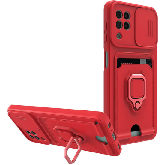 Bodycell Multifunction - Ανθεκτική Θήκη Samsung Galaxy A12 με Λουράκι Λαιμού / Κάλυμμα Κάμερας / Ring Holder / Υποδοχή Κάρτας - Red (5206015017353)