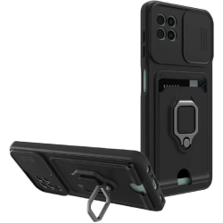 Bodycell Multifunction - Ανθεκτική Θήκη Samsung Galaxy A22 5G με Λουράκι Λαιμού / Κάλυμμα Κάμερας / Ring Holder / Υποδοχή Κάρτας - Black (5206015012297)