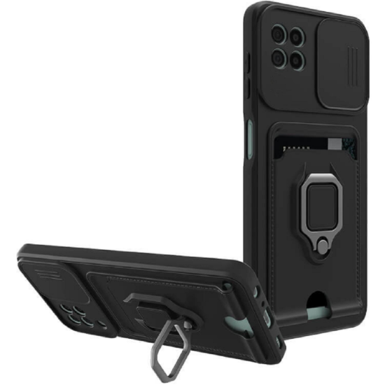 Bodycell Multifunction - Ανθεκτική Θήκη Samsung Galaxy A22 5G με Λουράκι Λαιμού / Κάλυμμα Κάμερας / Ring Holder / Υποδοχή Κάρτας - Black (5206015012297)