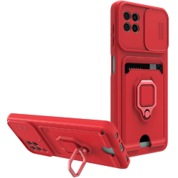 Bodycell Multifunction - Ανθεκτική Θήκη Samsung Galaxy A22 5G με Λουράκι Λαιμού / Κάλυμμα Κάμερας / Ring Holder / Υποδοχή Κάρτας - Red (5206015012631)