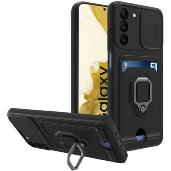 Bodycell Multifunction - Ανθεκτική Θήκη Samsung Galaxy S22 Plus 5G με Λουράκι Λαιμού / Κάλυμμα Κάμερας / Ring Holder / Υποδοχή Κάρτας - Black (5206015004438)