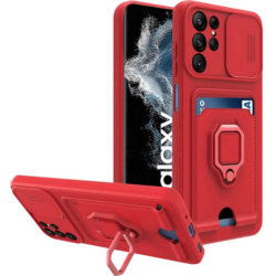 Bodycell Multifunction - Ανθεκτική Θήκη Samsung Galaxy S22 Ultra 5G με Λουράκι Λαιμού / Κάλυμμα Κάμερας / Ring Holder / Υποδοχή Κάρτας - Red (5206015004490)