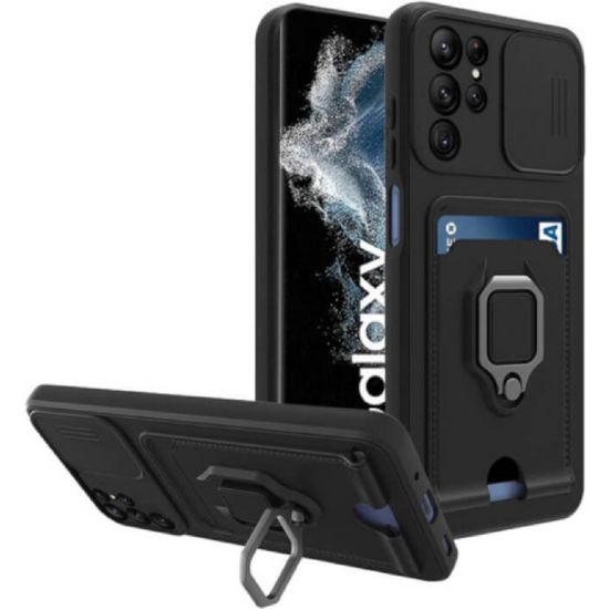 Bodycell Multifunction - Ανθεκτική Θήκη Samsung Galaxy S22 Ultra 5G με Λουράκι Λαιμού / Κάλυμμα Κάμερας / Ring Holder / Υποδοχή Κάρτας - Black (5206015004469)