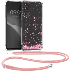 KWmobile Διάφανη Θήκη Σιλικόνης με Λουράκι Λαιμού - Vivo Y72 5G - Cherry Blossoms Pink Petals / Dark Brown / Transparent (59898.01)
