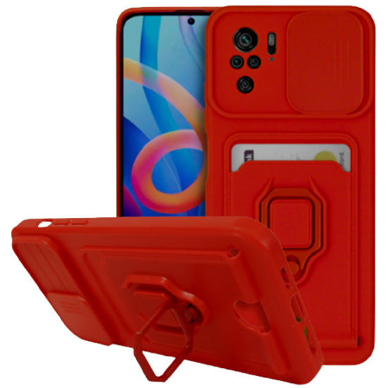 Bodycell Multifunction - Ανθεκτική Θήκη Xiaomi Redmi Note 10 / Note 10S με Λουράκι Λαιμού / Κάλυμμα Κάμερας / Ring Holder / Υποδοχή Κάρτας - Red (5206015007118)