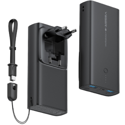 Veger PowerBank & Wall Adapter - Φορητή Μπαταρία Φόρτισης με Καλώδιο Type-C / Φορτιστής Τοίχου με 2 x USB-Α / 1 x Type-C - 10000mAh - 20W - Black (ACE100)
