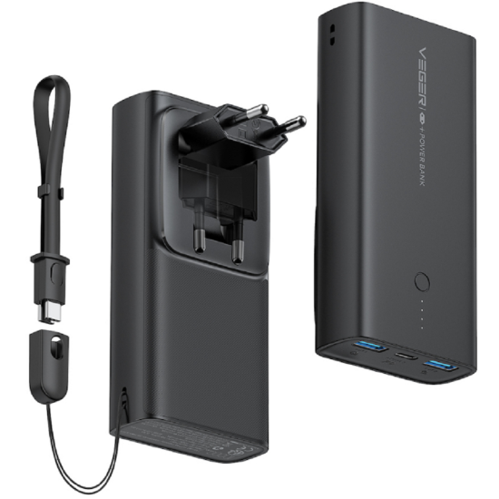 Veger PowerBank & Wall Adapter - Φορητή Μπαταρία Φόρτισης με Καλώδιο Type-C / Φορτιστής Τοίχου με 2 x USB-Α / 1 x Type-C - 10000mAh - 20W - Black (ACE100)