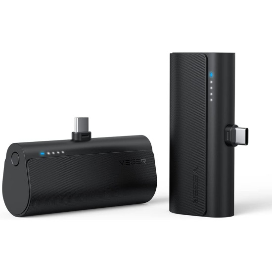 Veger PowerBank PlugOn-C - Φορητή Μπαταρία Φόρτισης με Ενσωματωμένο Type-C - 5000mAh - 20W - Black (V0556)
