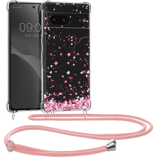 KWmobile Διάφανη Θήκη Σιλικόνης με Λουράκι Λαιμού - Google Pixel 7 - Cherry Blossoms Pink Petals / Dark Brown / Transparent (60206.02)