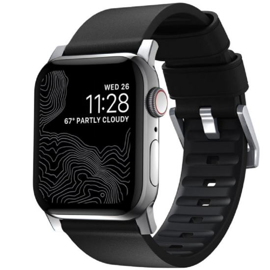Nomad Active Strap Pro - Αδιάβροχο Δερμάτινο Λουράκι με Σιλικόνη - Apple Watch Ultra/SE/11/10/9/8/7/6/5/4 (49/46/45/44mm) - Black / Silver (NM1A41SNW0)