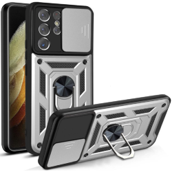 Bodycell Armor Slide - Ανθεκτική Θήκη Samsung Galaxy S22 Ultra 5G με Κάλυμμα για την Κάμερα & Μεταλλικό Ring Holder - Silver (5206015014581)