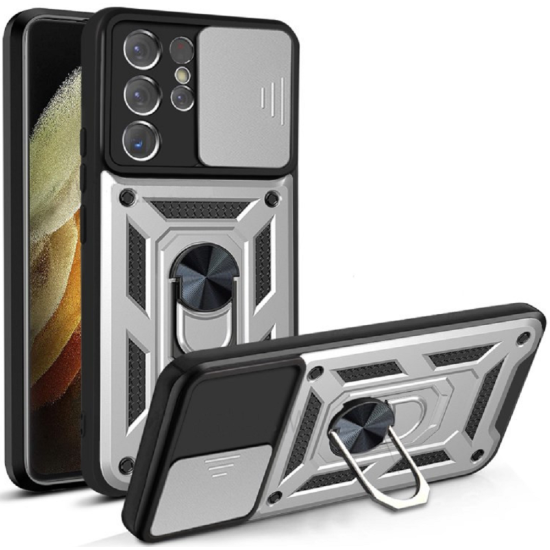 Bodycell Armor Slide - Ανθεκτική Θήκη Samsung Galaxy S22 Ultra 5G με Κάλυμμα για την Κάμερα & Μεταλλικό Ring Holder - Silver (5206015014581)