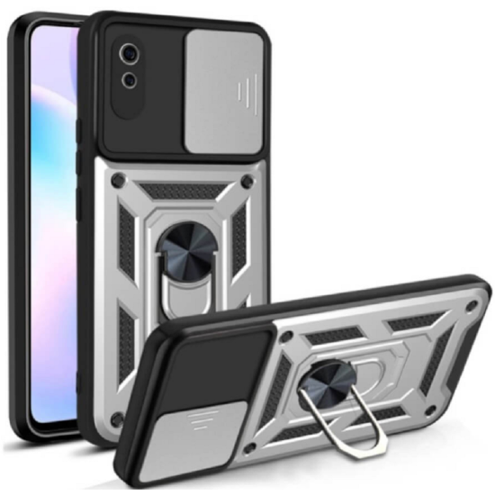 Bodycell Armor Slide - Ανθεκτική Θήκη Xiaomi Redmi 9Α / 9AT / 9i με Κάλυμμα για την Κάμερα & Μεταλλικό Ring Holder - Silver (5206015015212)