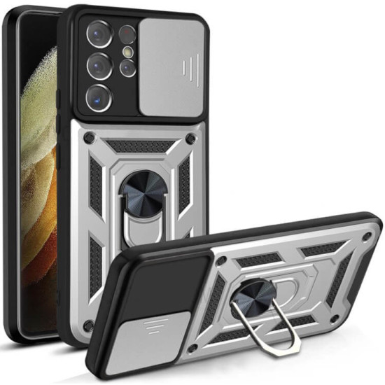 Bodycell Armor Slide - Ανθεκτική Θήκη Samsung Galaxy S21 Ultra 5G με Κάλυμμα για την Κάμερα & Μεταλλικό Ring Holder - Silver (5206015014475)
