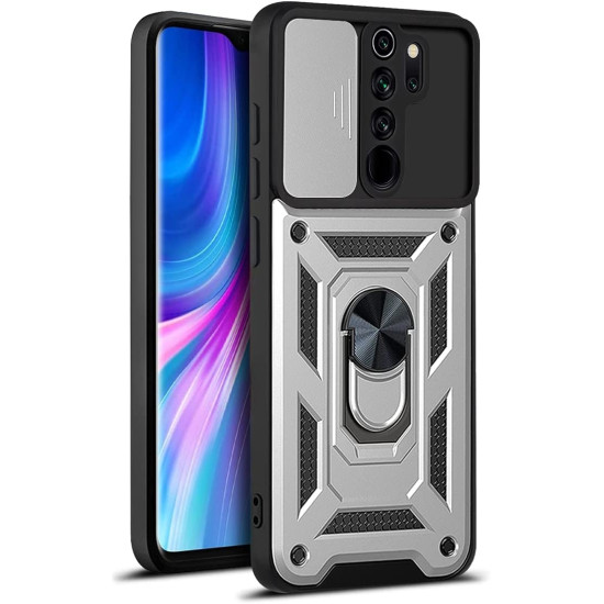 Bodycell Armor Slide - Ανθεκτική Θήκη Xiaomi Redmi Note 8 Pro με Κάλυμμα για την Κάμερα & Μεταλλικό Ring Holder - Silver (5206015014864)