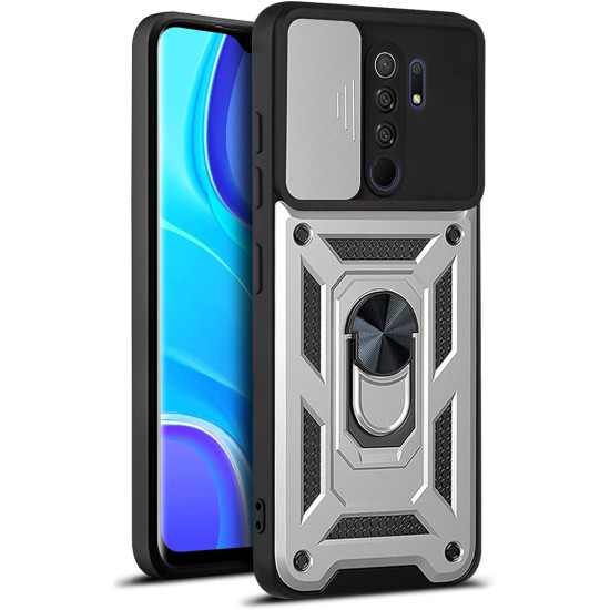 Bodycell Armor Slide - Ανθεκτική Θήκη Xiaomi Redmi 9 με Κάλυμμα για την Κάμερα & Μεταλλικό Ring Holder - Silver (5206015015205)