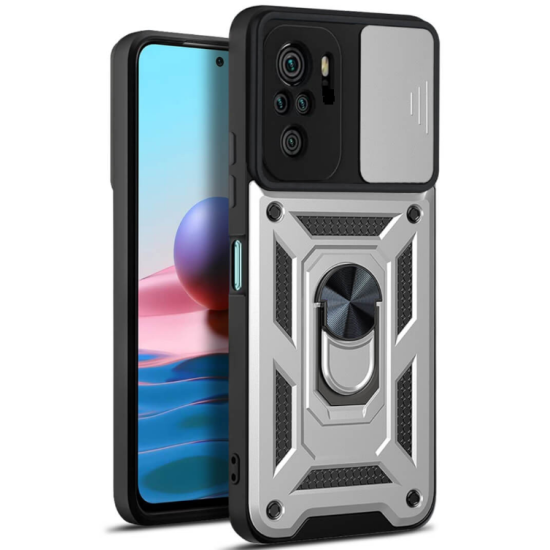 Bodycell Armor Slide - Ανθεκτική Θήκη Xiaomi Redmi Note 10 / Note 10S με Κάλυμμα για την Κάμερα & Μεταλλικό Ring Holder - Silver (5206015014765)