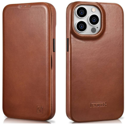 iCarer Curved Edge Oil Wax Leather Folio - Δερμάτινη MagSafe Flip Θήκη-Πορτοφόλι - Apple iPhone 14 Pro Max - Brown (AKI14220708-BN)
