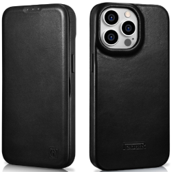 iCarer Curved Edge Oil Wax Leather Folio - Δερμάτινη MagSafe Flip Θήκη-Πορτοφόλι - Apple iPhone 14 Pro Max - Black (AKI14220708-BK)