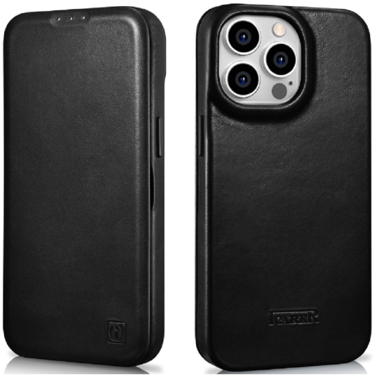 iCarer Curved Edge Oil Wax Leather Folio - Δερμάτινη MagSafe Flip Θήκη-Πορτοφόλι - Apple iPhone 14 Pro - Black (AKI14220706-BK)