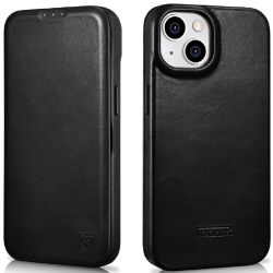 iCarer Curved Edge Oil Wax Leather Folio - Δερμάτινη MagSafe Flip Θήκη-Πορτοφόλι - Apple iPhone 14 - Black (AKI14220705-BK)