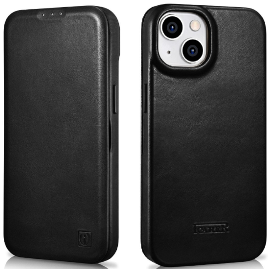 iCarer Curved Edge Oil Wax Leather Folio - Δερμάτινη MagSafe Flip Θήκη-Πορτοφόλι - Apple iPhone 14 - Black (AKI14220705-BK)