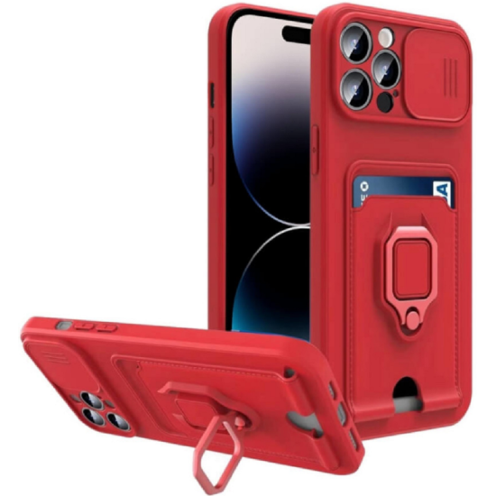 Bodycell Multifunction - Ανθεκτική Θήκη Apple iPhone 14 Pro Max με Λουράκι Λαιμού / Κάλυμμα Κάμερας / Ring Holder / Υποδοχή Κάρτας - Red (5206015016424)