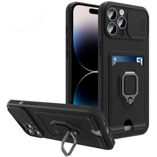 Bodycell Multifunction - Ανθεκτική Θήκη Apple iPhone 14 Pro με Λουράκι Λαιμού / Κάλυμμα Κάμερας / Ring Holder / Υποδοχή Κάρτας - Black (5206015016370)