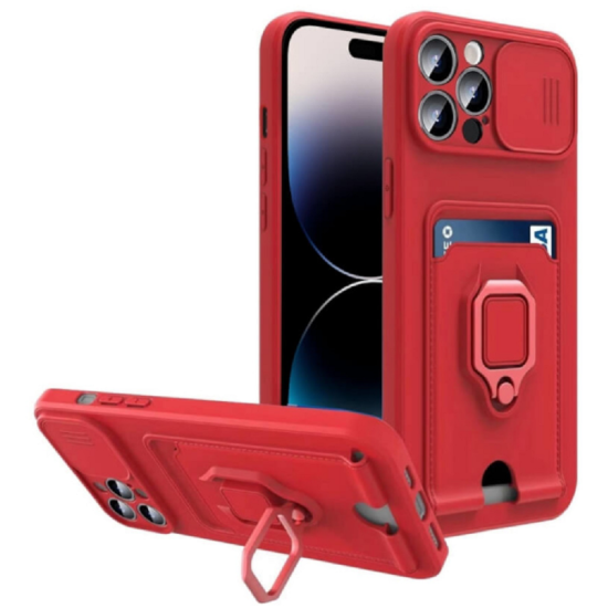 Bodycell Multifunction - Ανθεκτική Θήκη Apple iPhone 14 Pro με Λουράκι Λαιμού / Κάλυμμα Κάμερας / Ring Holder / Υποδοχή Κάρτας - Red (5206015016394)