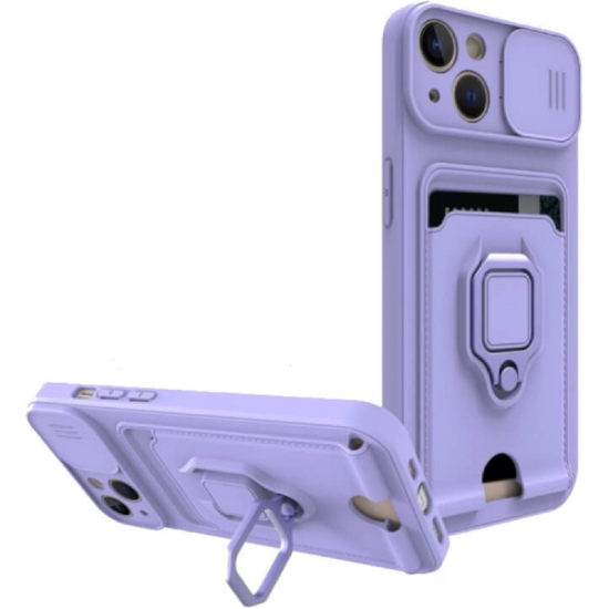 Bodycell Multifunction - Ανθεκτική Θήκη Apple iPhone 14 Plus με Λουράκι Λαιμού / Κάλυμμα Κάμερας / Ring Holder / Υποδοχή Κάρτας - Purple (5206015016356)