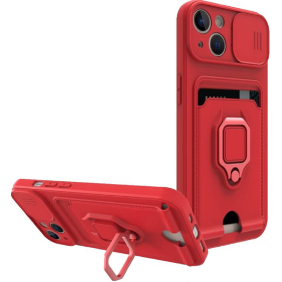 Bodycell Multifunction - Ανθεκτική Θήκη Apple iPhone 14 Plus με Λουράκι Λαιμού / Κάλυμμα Κάμερας / Ring Holder / Υποδοχή Κάρτας - Red (5206015016363)